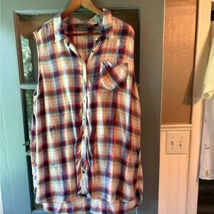 Harley Davidson Sleeveless Plaid Button-Down Tunic Top - Red, Blue, Cream